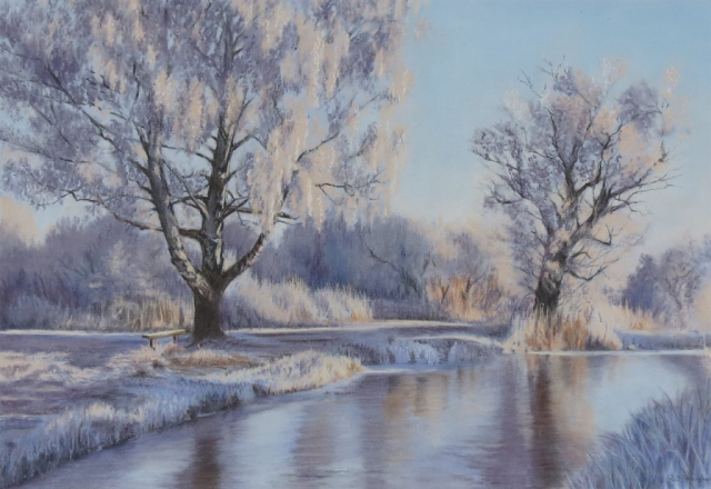 Riverbank in the winter - pastel